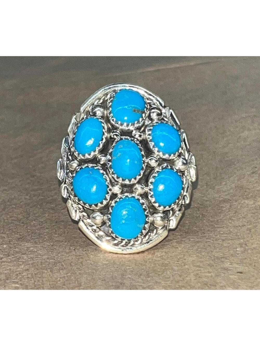 Native American Navajo sterling silver Natural turquoise cluster ring size 7